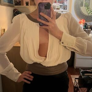 Elegant Front Back Cut Blouse with Leather Elements